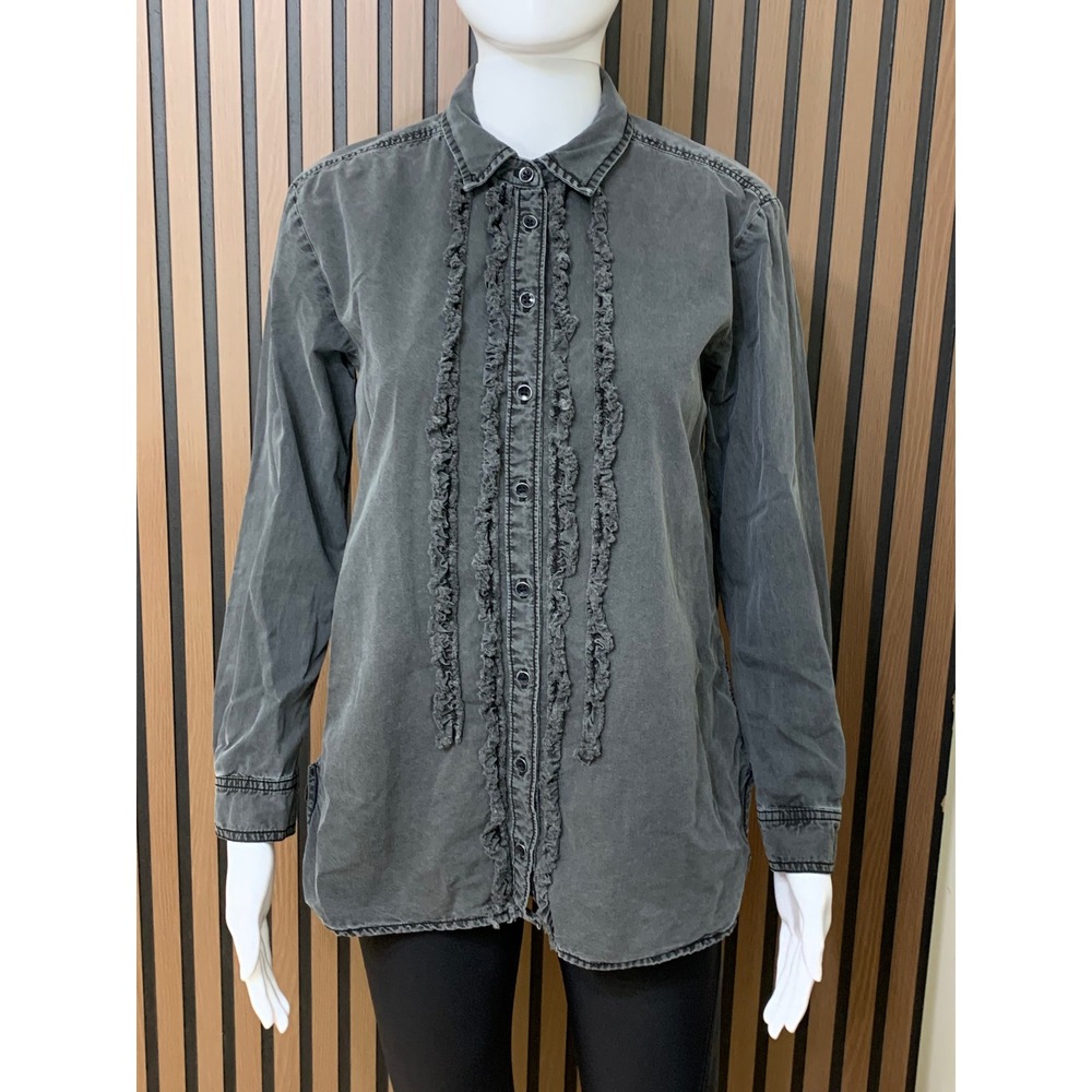 Pilcro Anthropologie Charcoal Gray Ruffle Front Denim Button Down Shirt XS